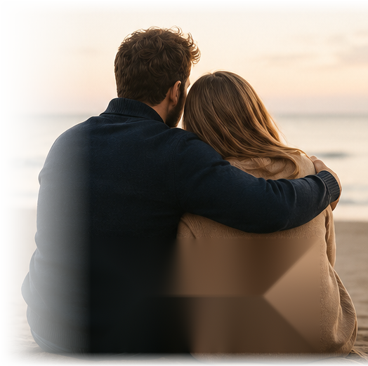 Un couple assis côte à côte face à la mer