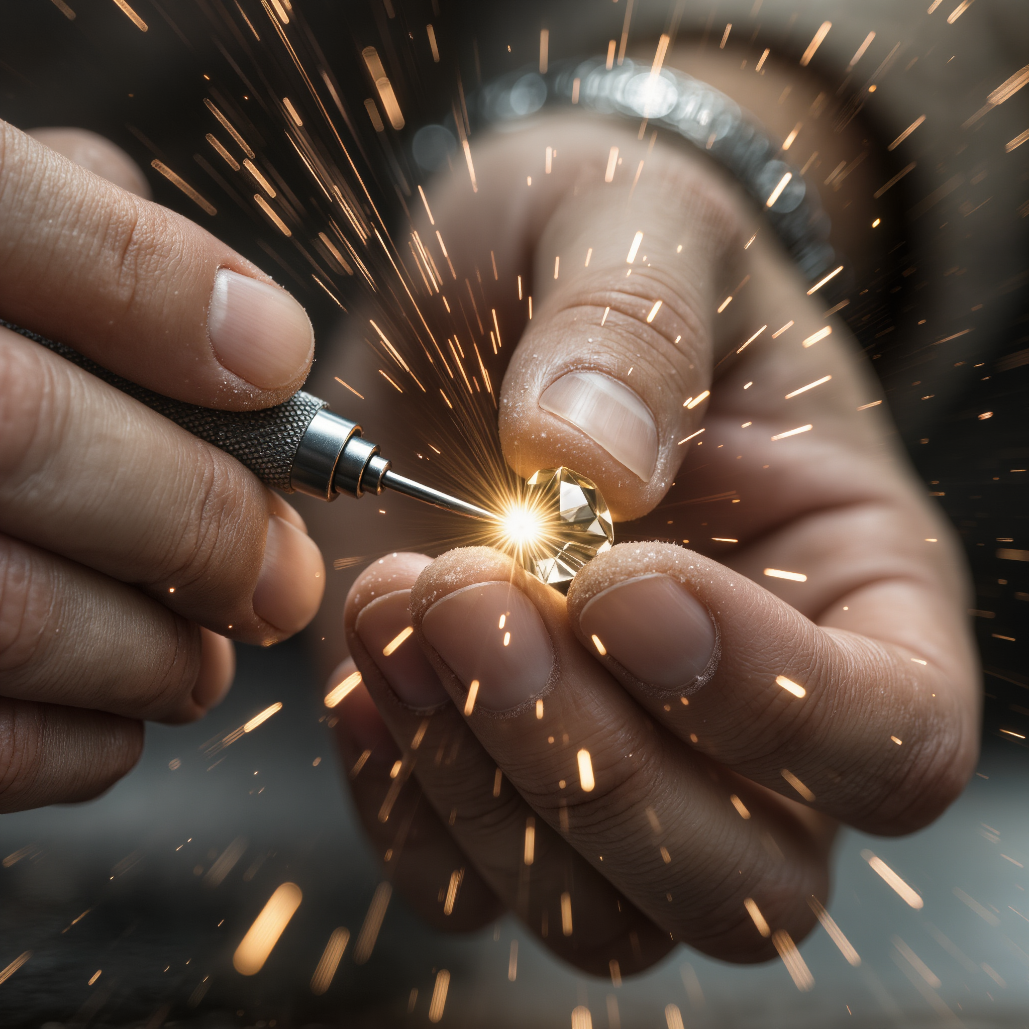 Mains d’artisan polissant une gemme avec des étincelles