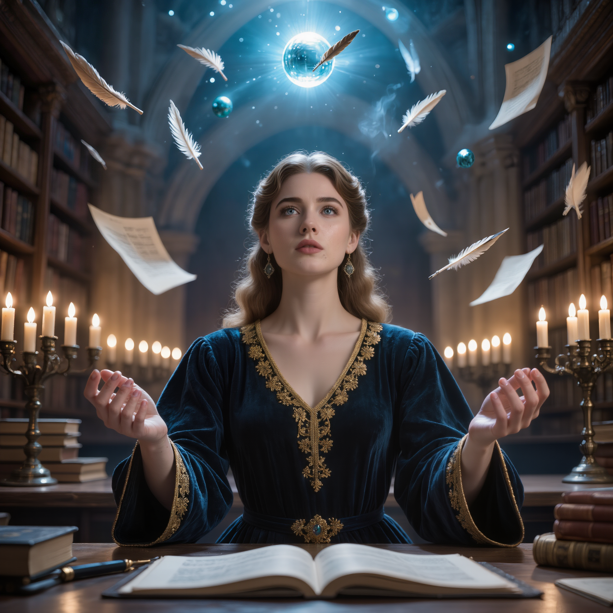 Portrait d’une femme dans une salle à la Poudlard, éclairée à la bougie. Autour d’elle, des plumes et parchemins flottent. Son visage exprime la tension entre justesse et contrôle.