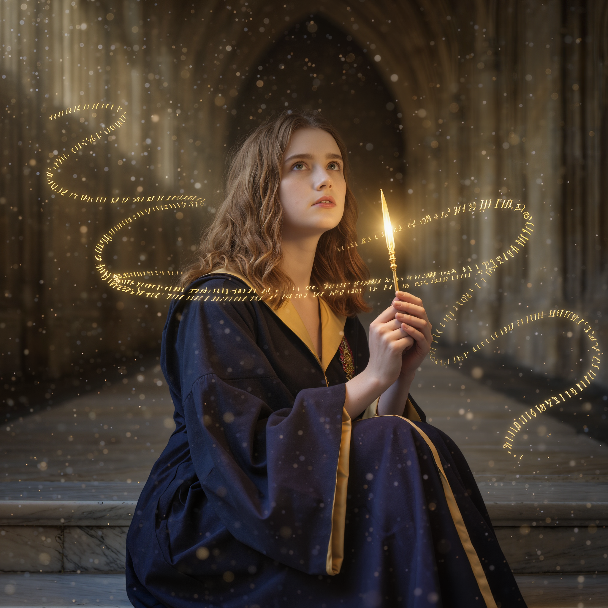 Femme assise dans un couloir de Poudlard, une plume lumineuse contre son cœur. Autour d’elle, des runes dorées flottent dans l’air — image du silence habité et de la recherche d’équilibre.