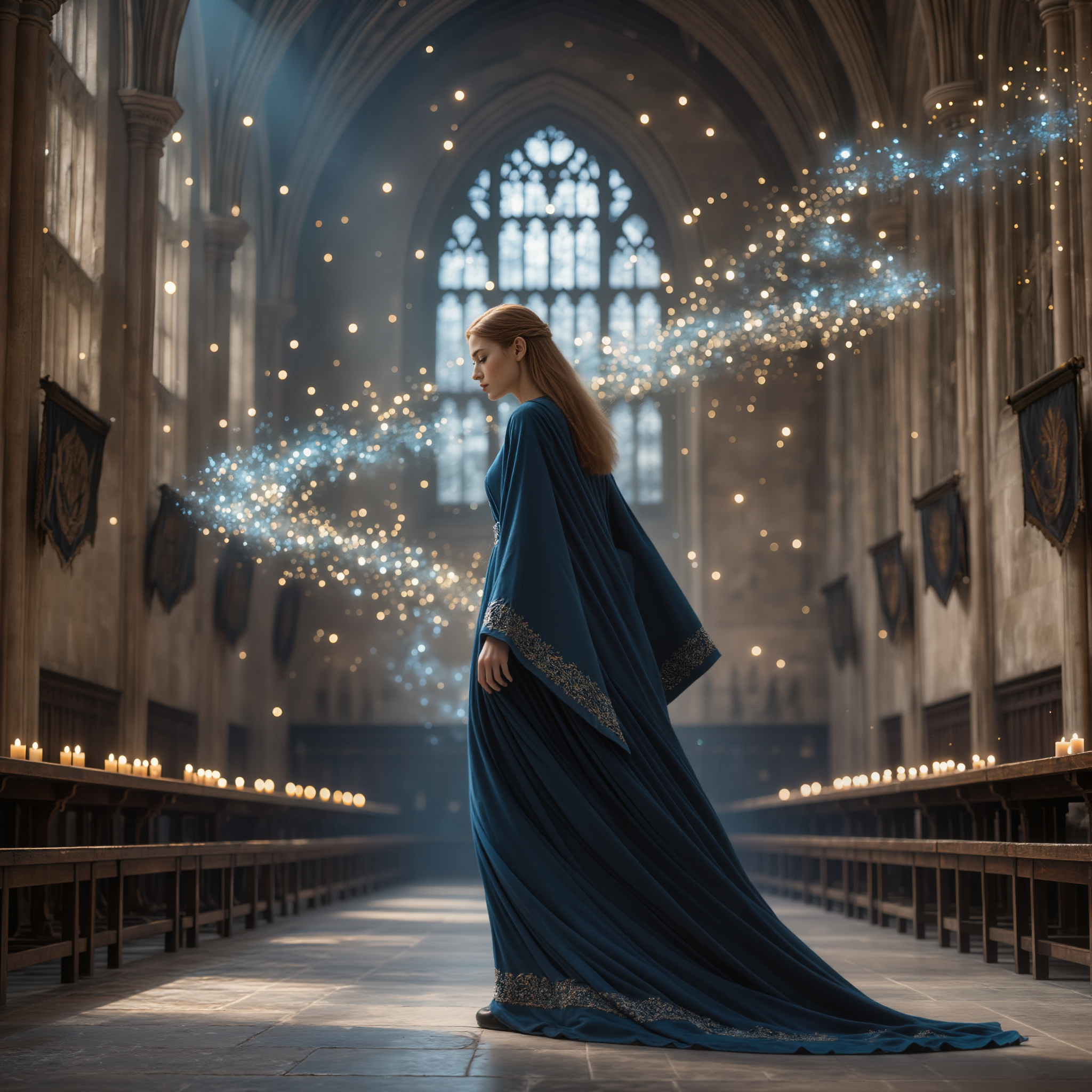Grande salle inspirée de Poudlard baignée de lumière dorée. Une femme marche lentement, sereine, entourée de bougies suspendues : symbole du lâcher-prise et de la justesse retrouvée.