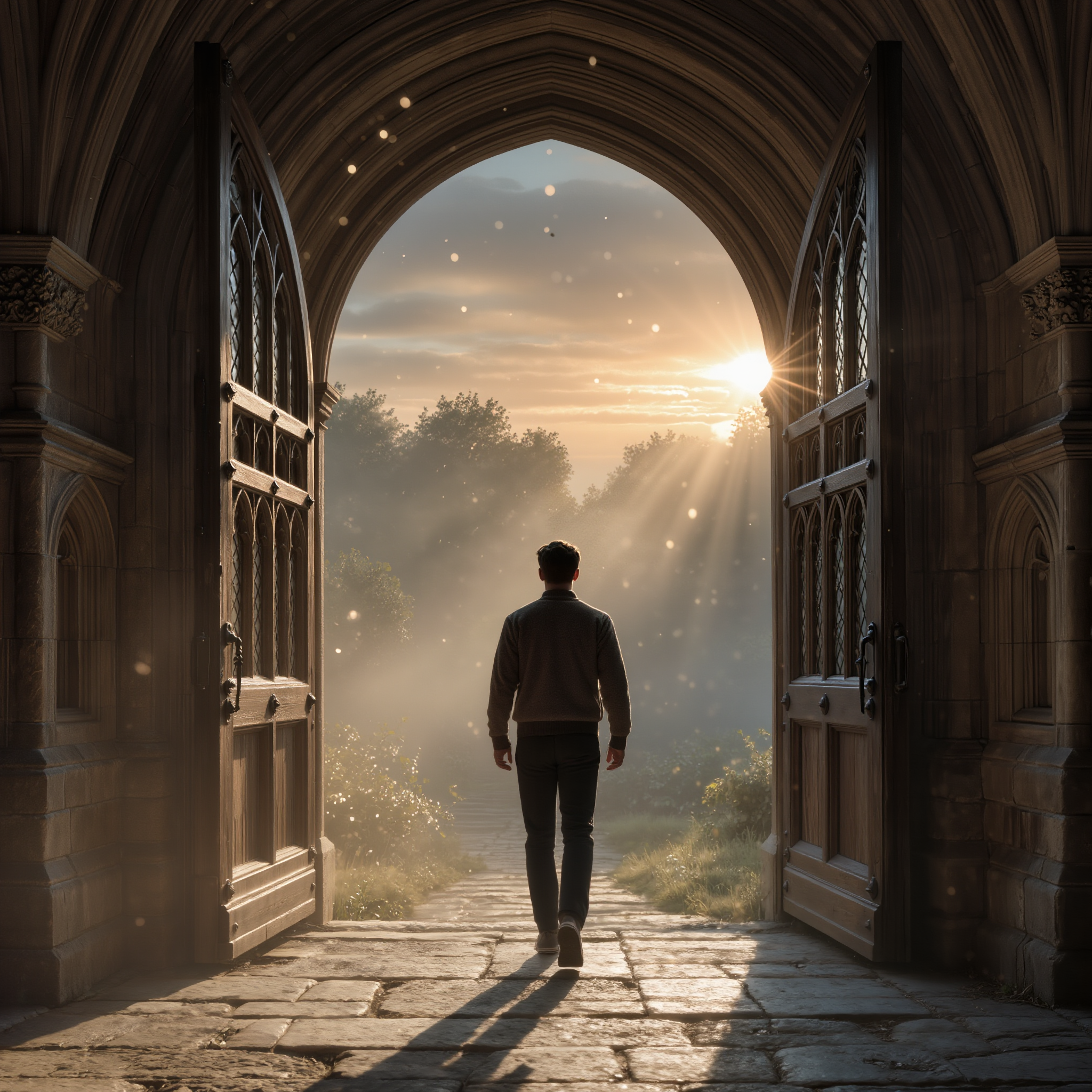 Porte voûtée façon Poudlard s’ouvrant sur un jardin doré à l’aube. Un homme franchit le seuil, symbole du passage vers un nouvel équilibre intérieur.