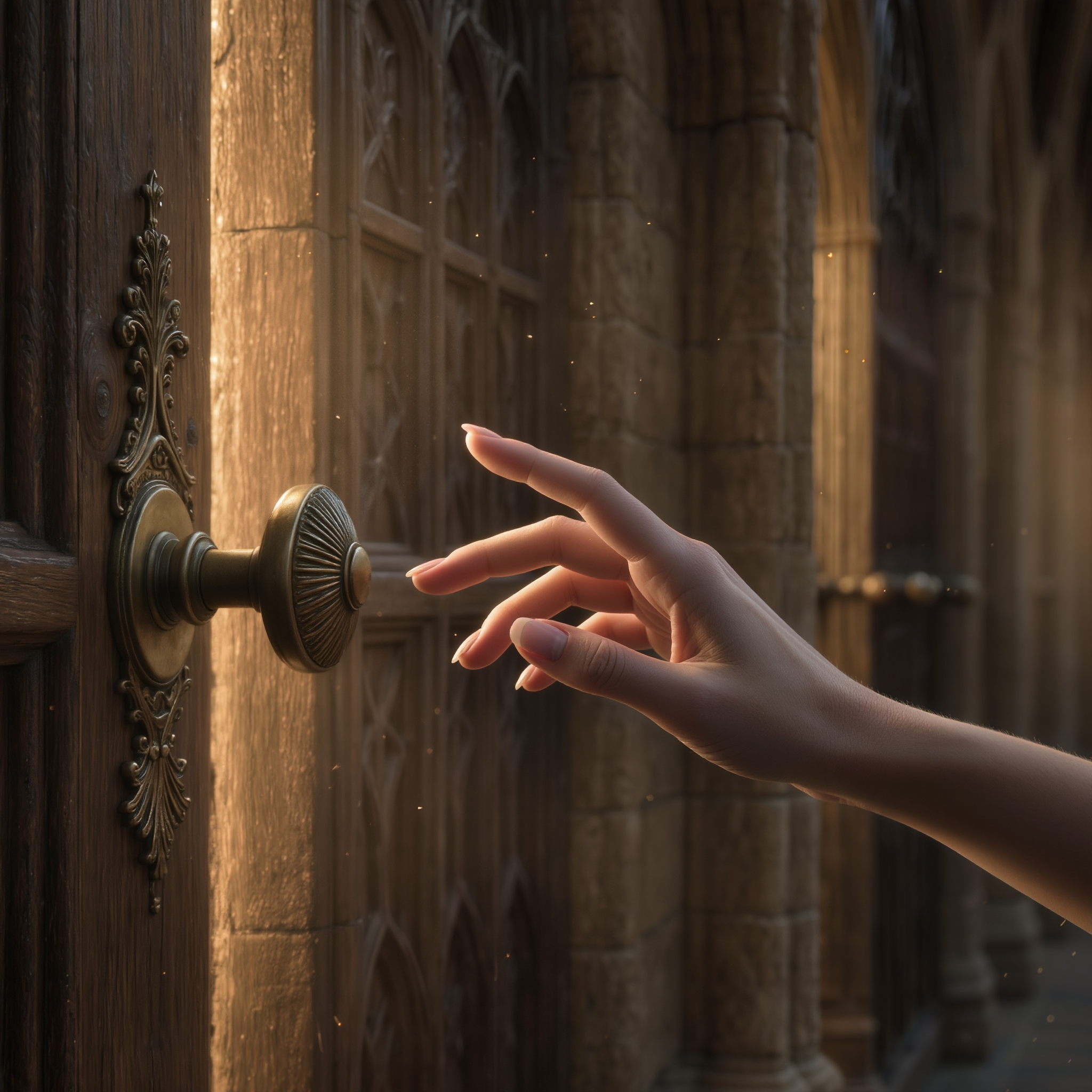 Main féminine s’approchant d’une poignée de porte tiède, éclairée d’une lueur dorée venant de l’autre côté. Image du moment où l’on ose franchir le seuil du changement.