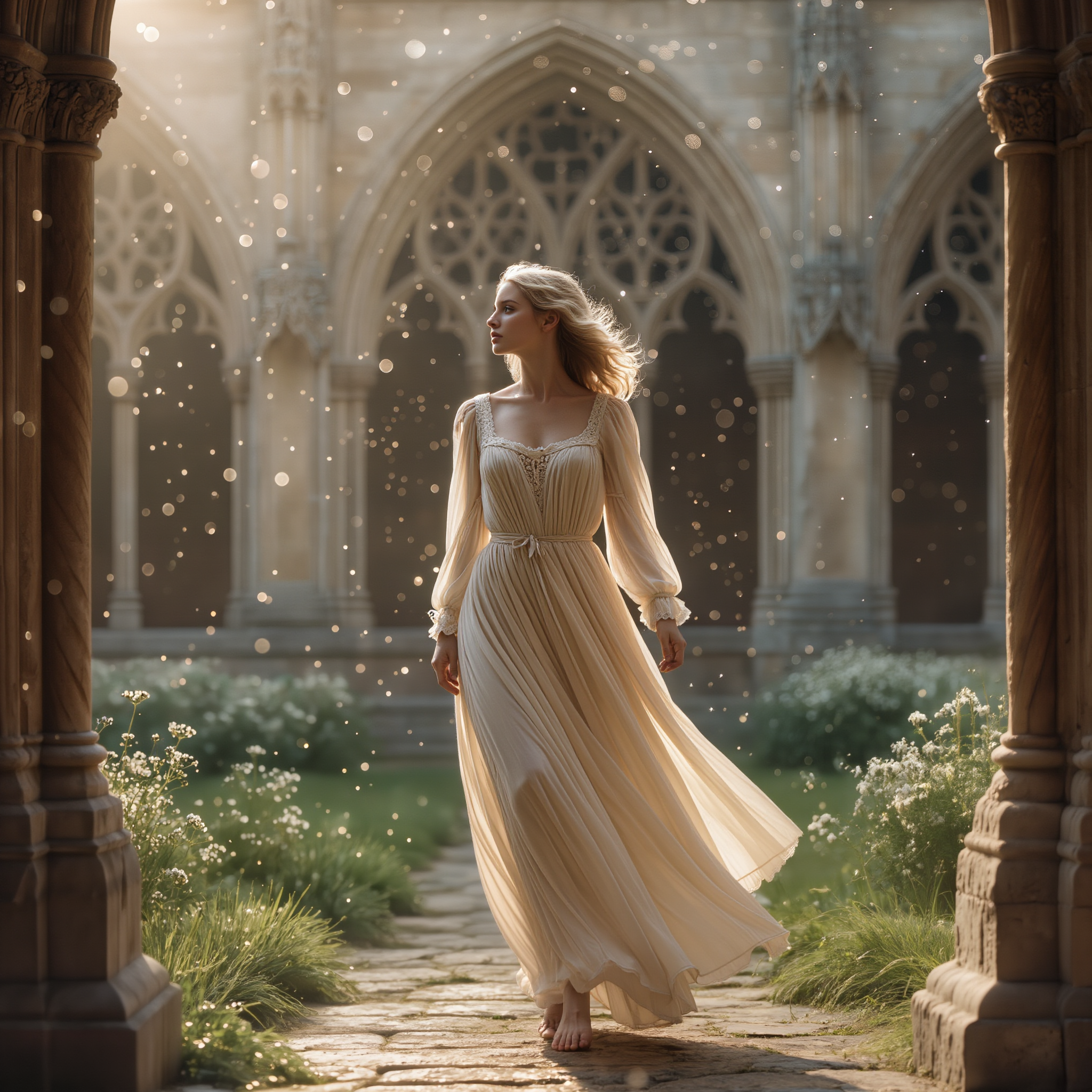 Femme marchant pieds nus dans un cloître baigné de lumière dorée, à l’aube. Autour d’elle, un léger brouillard et des particules lumineuses — symbole du premier pas vers la justesse intérieure.
