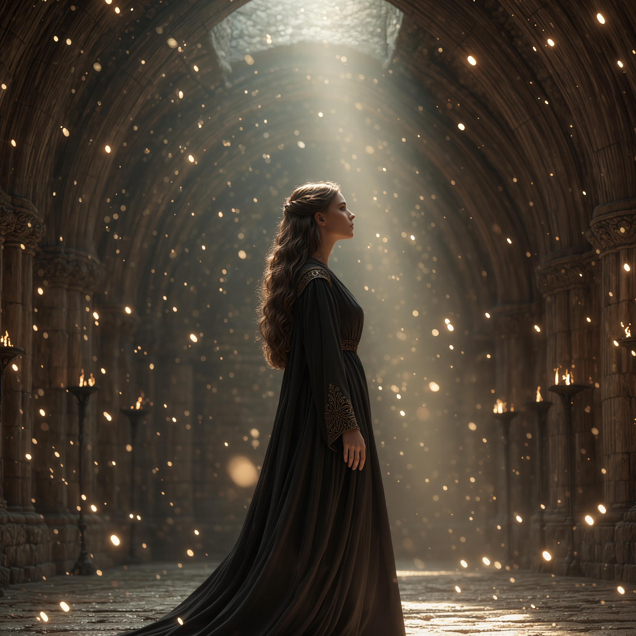 Femme caucasienne dans un couloir à la lueur dorée, le regard tourné vers l’invisible, symbole du don de percevoir ce que les autres ne voient pas.