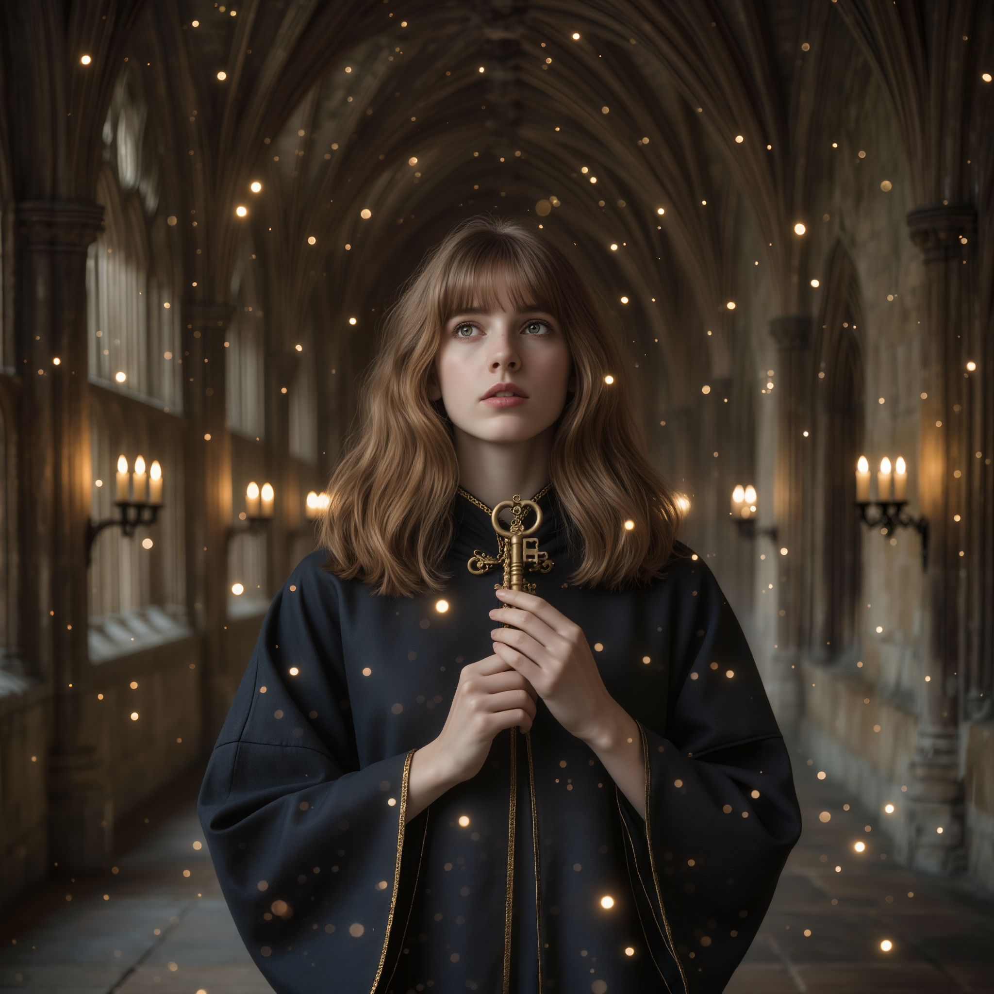 Une femme caucasienne tient une clé ancienne dorée près de son cœur dans un couloir inspiré de Poudlard, baigné d’une lumière dorée — symbole de la sensibilité perçue comme une clé précieuse.