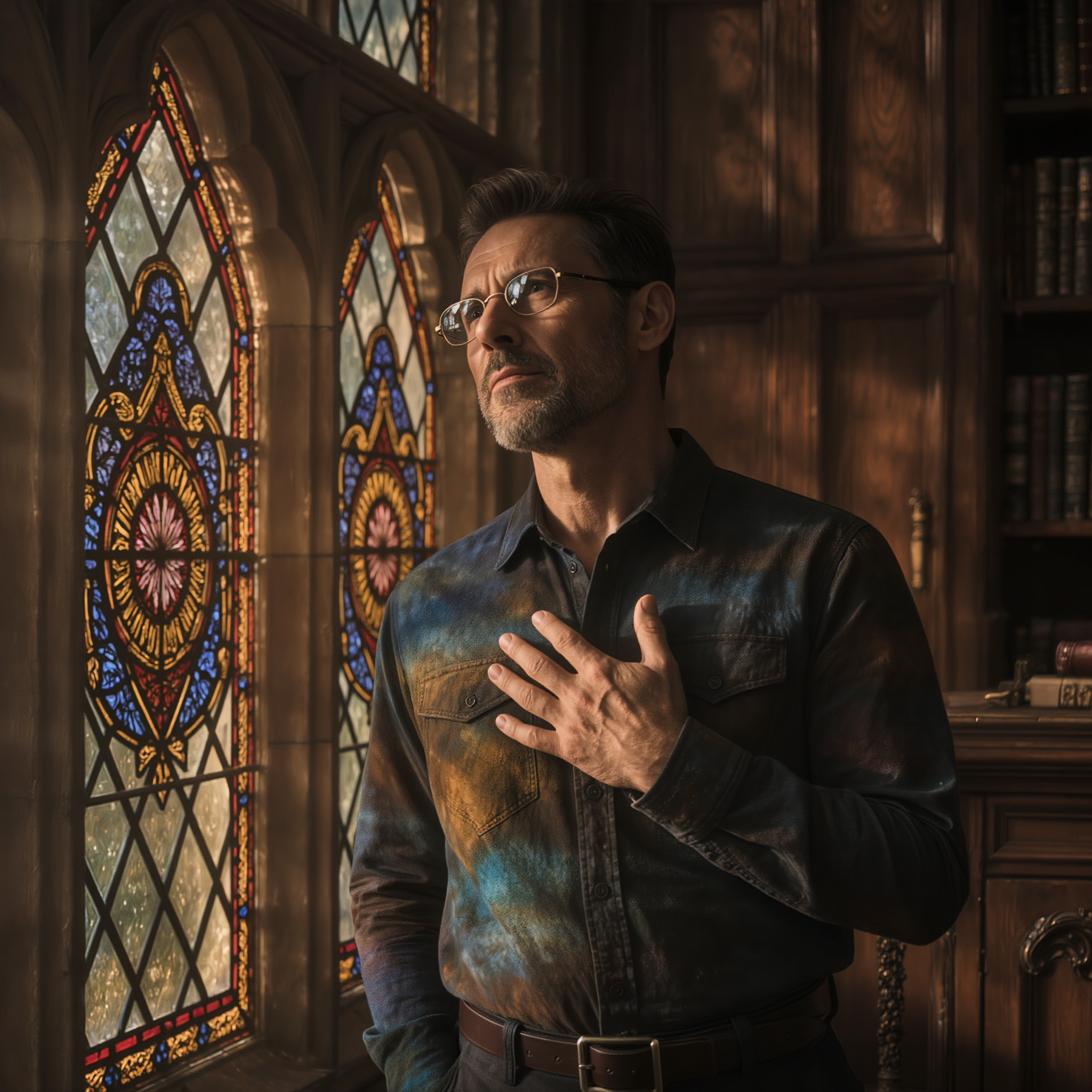 Portrait d’une femme caucasienne d’une quarantaine d’années près d’une fenêtre gothique, la main sur le cœur, le visage apaisé, dans une lumière chaude rappelant Poudlard — symbole de l’écoute de ses émotions profondes.