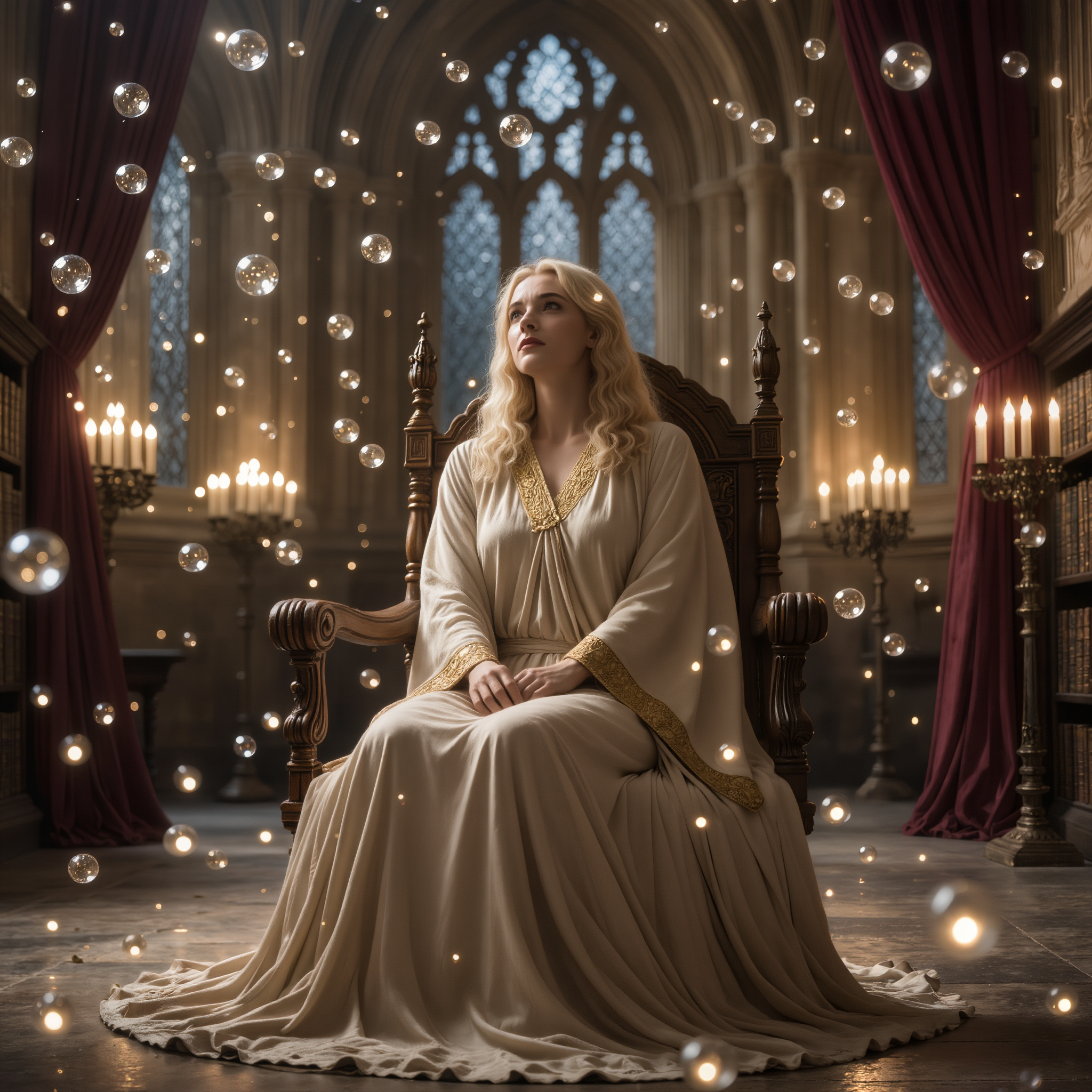 Une femme caucasienne assise calmement dans une pièce éclairée à la bougie façon Poudlard, entourée de petites lueurs dorées représentant l’équilibre émotionnel — atmosphère douce et introspective.