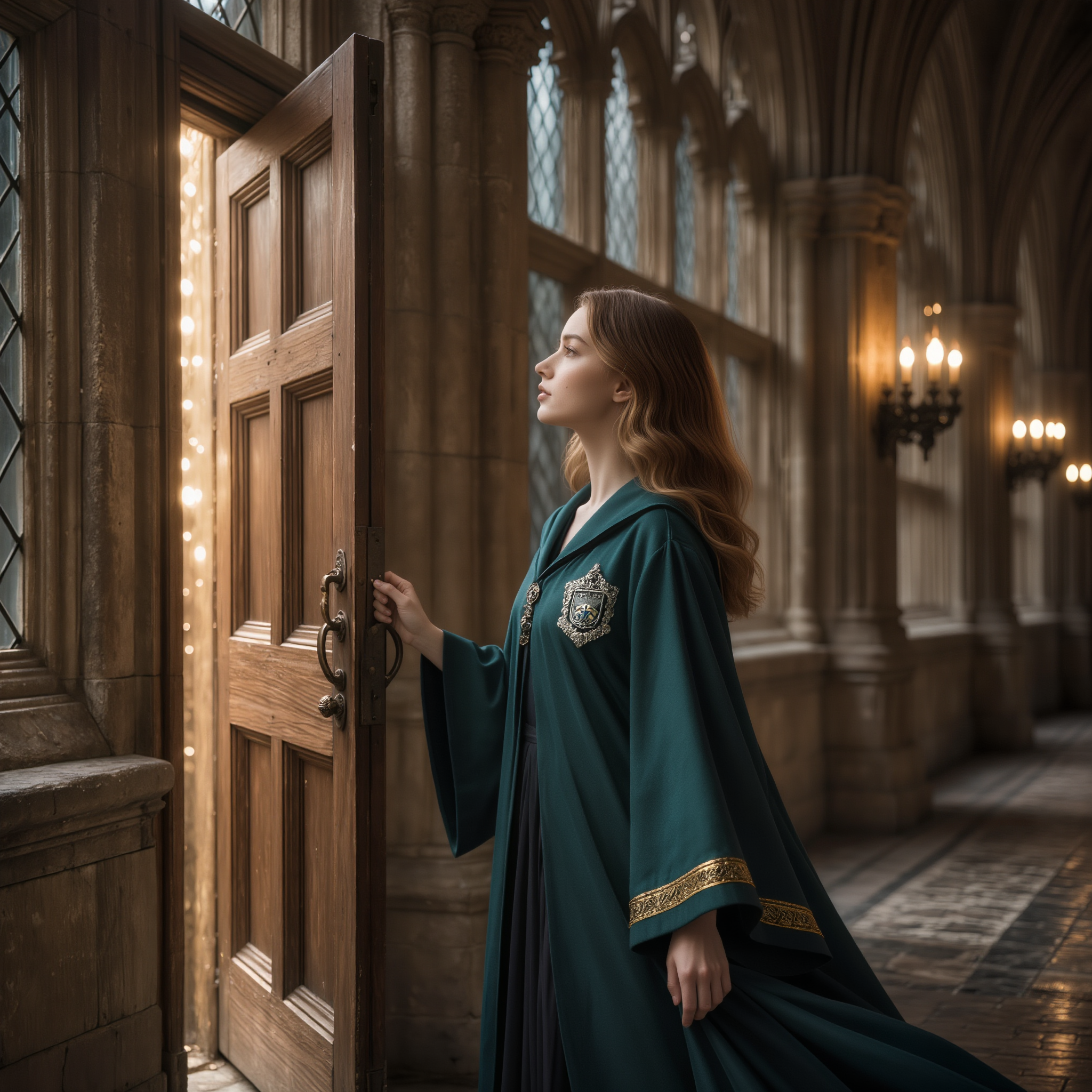 Une femme caucasienne s’apprête à ouvrir une porte entrouverte d’où émane une lumière dorée, le regard serein et curieux — symbole du passage vers la paix intérieure.