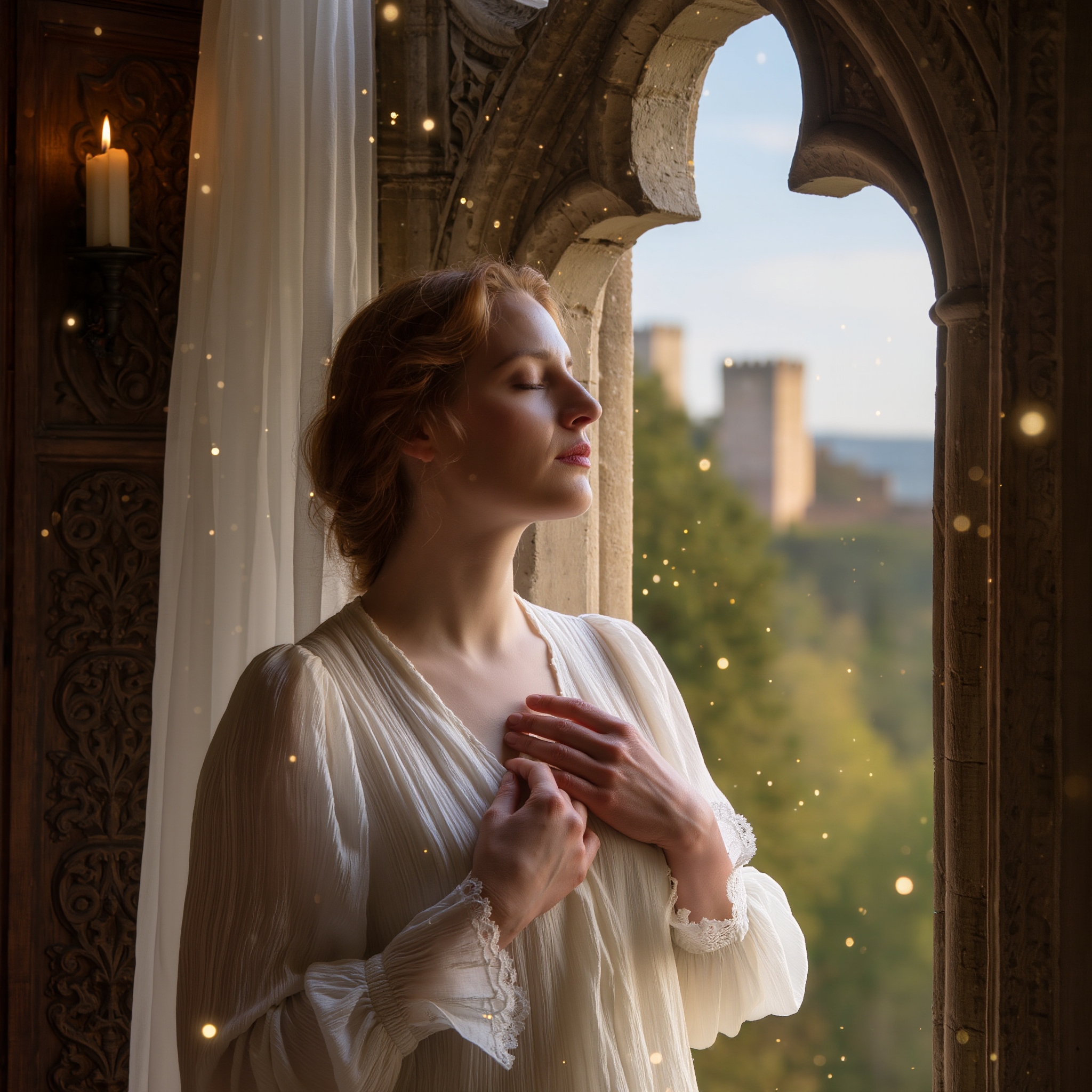 Portrait d’une femme caucasienne d’une quarantaine d’années près d’une fenêtre gothique, la main sur le cœur, le visage apaisé, dans une lumière chaude rappelant Poudlard — symbole de l’écoute de ses émotions profondes.