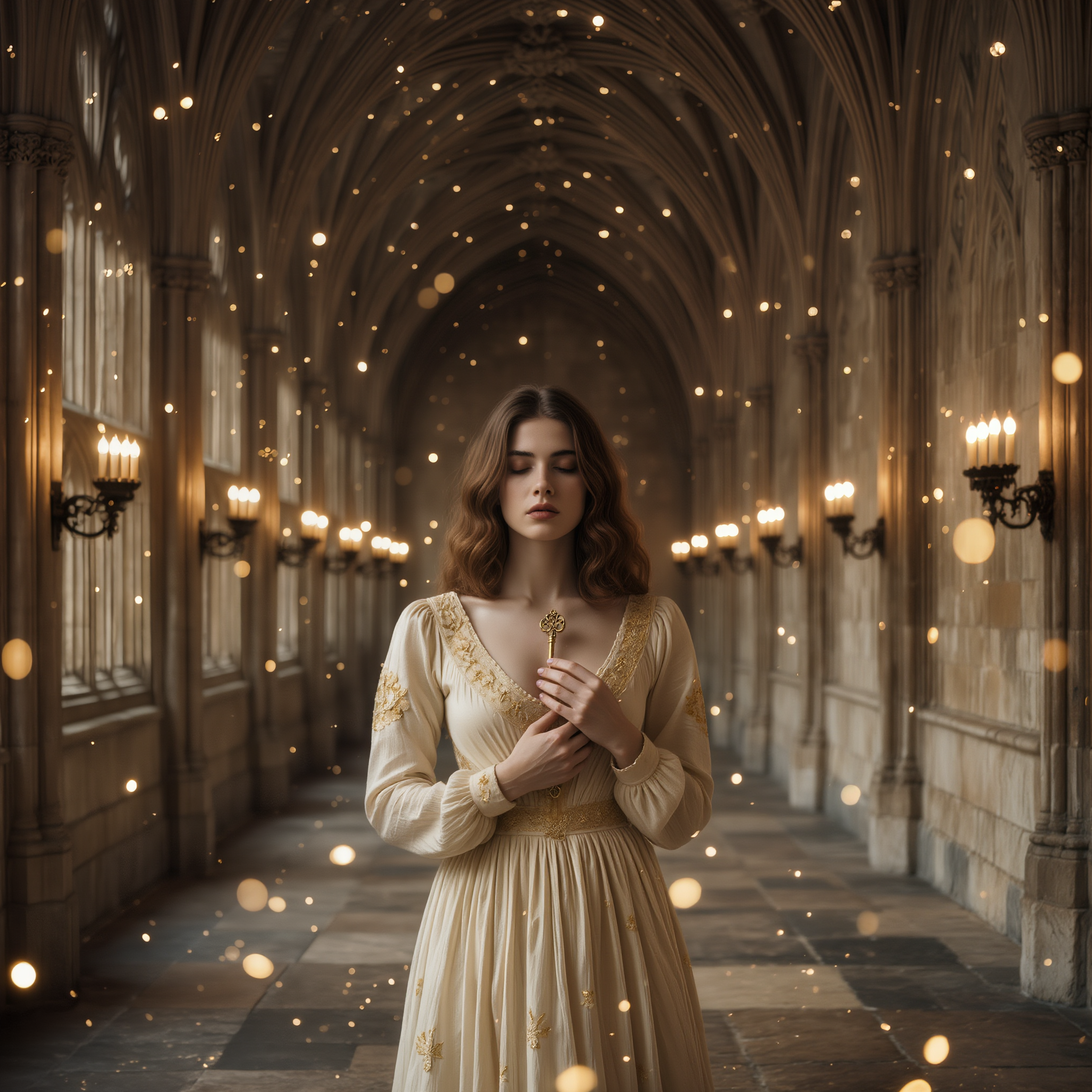 Une femme caucasienne tient une clé ancienne dorée près de son cœur dans un couloir inspiré de Poudlard, baigné d’une lumière dorée — symbole de la sensibilité perçue comme une clé précieuse.