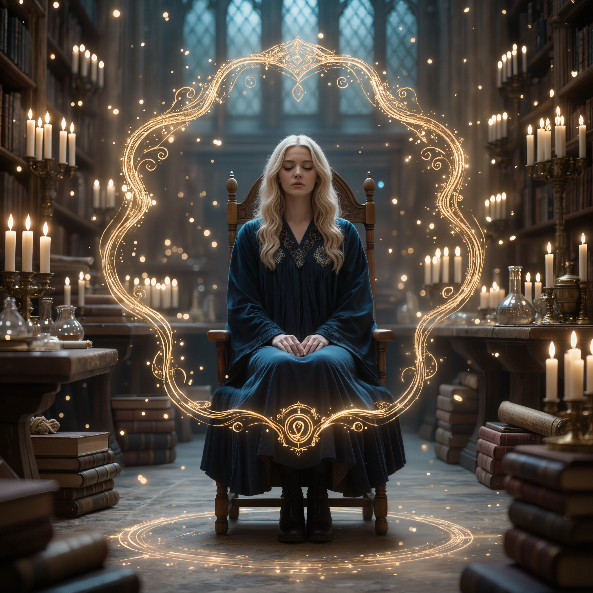 Une femme caucasienne assise calmement dans une pièce éclairée à la bougie façon Poudlard, entourée de petites lueurs dorées représentant l’équilibre émotionnel — atmosphère douce et introspective.