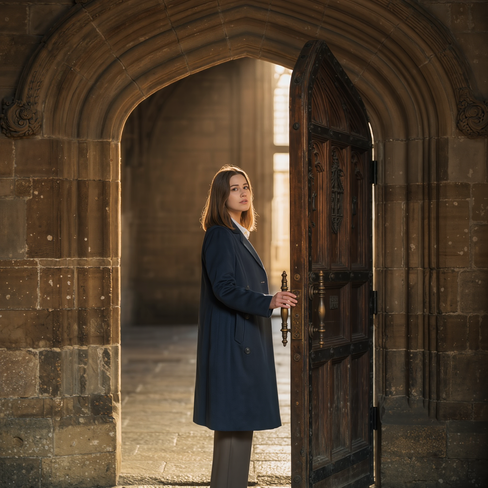 Une porte entrouverte dans une lumière dorée façon Poudlard, une femme caucasienne s’apprête à l’ouvrir, le regard serein et curieux — symbole du passage vers la paix intérieure.